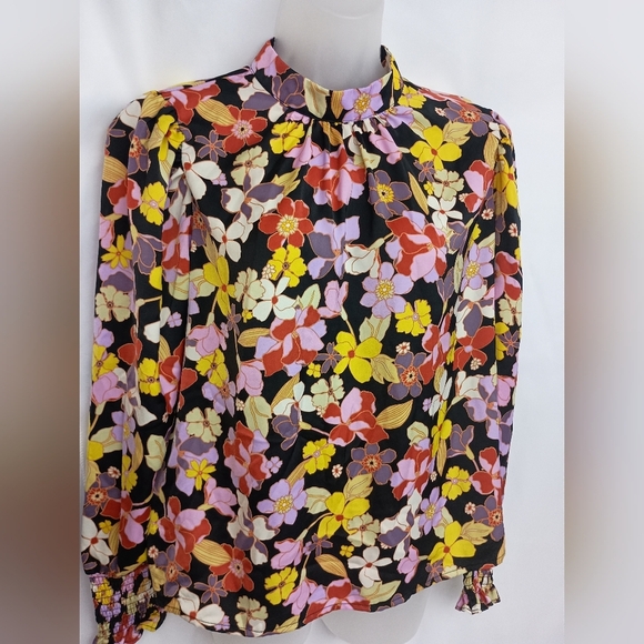 WHO WHAT WEAR Yellow and Pink Graphic Blouse with Mandarin Collar (#1,566) - Picture 1 of 8